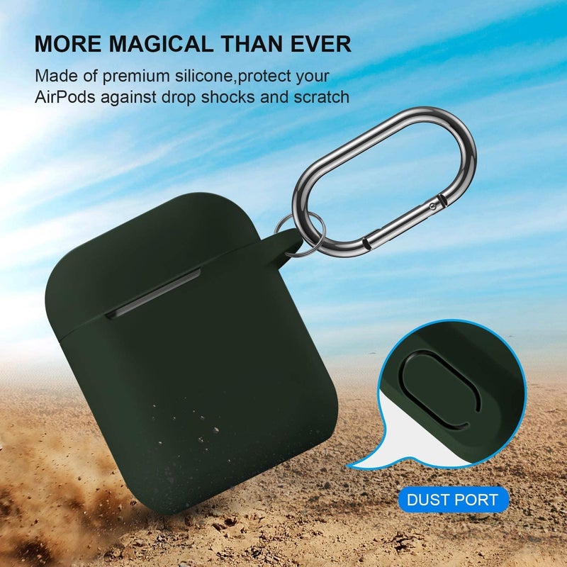 ATUAT Compatible with AirPods Case Cover, Full Protective Silicone Skin Dust-Proof Designed for Apple AirPods 1st 2nd Generation with Keychain, Front LED Visible, Dark Green - Image 2